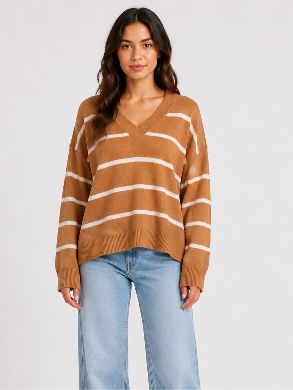Aerie Oversized V-Neck Striped Sweater Camel White Striped Size L